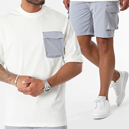 KZR - Conjunto de camiseta blanca con bolsillos gris y pantalón corto tipo cargo