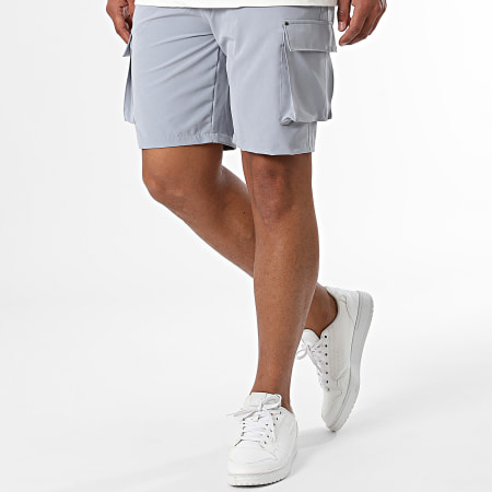 KZR - Conjunto de camiseta blanca con bolsillos gris y pantalón corto tipo cargo