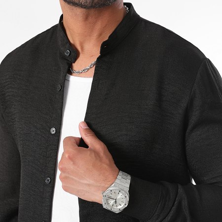LBO - Conjunto de camisa de manga larga y pantalón efecto lino 1354 Negro