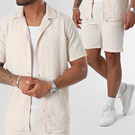 Frilivin - Conjunto de camisa de manga corta y pantalón corto de jogging beige