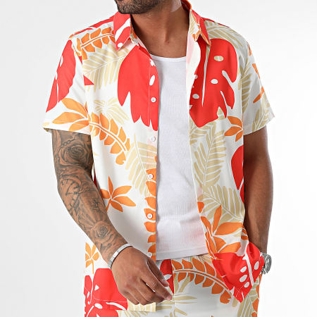 Frilivin - Ensemble Chemise Manches Courtes Et Short Jogging Blanc Beige Rouge Orange Floral