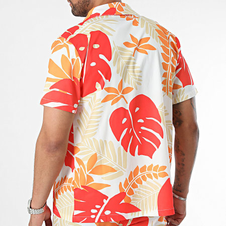 Frilivin - Ensemble Chemise Manches Courtes Et Short Jogging Blanc Beige Rouge Orange Floral