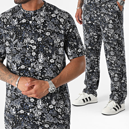 Ikao - Conjunto de camiseta y pantalón negro azul marino con estampado floral