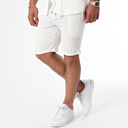 Mackten - Ensemble Chemise Manches Courtes Et Short Jogging A Rayures Blanc