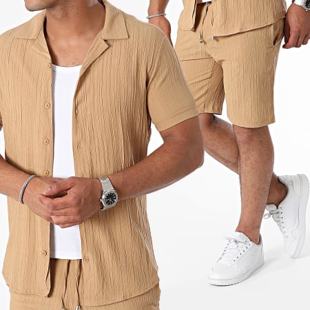 Mackten - Conjunto de camisa de manga corta camel y pantalón corto a rayas