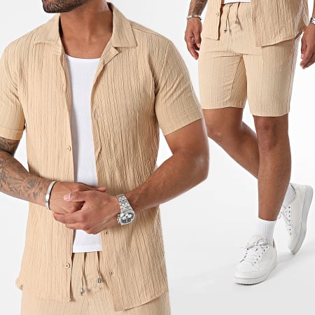 Mackten - Set camicia a maniche corte e pantaloncini da jogging a righe beige