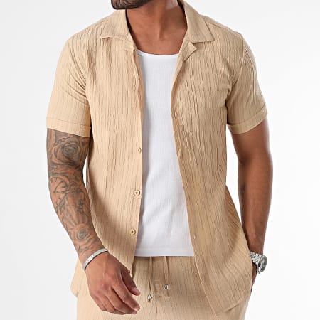 Mackten - Conjunto de camisa de manga corta y pantalón corto de rayas beige