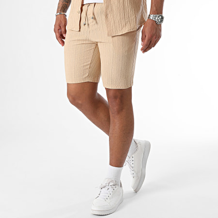 Mackten - Conjunto de camisa de manga corta y pantalón corto de rayas beige