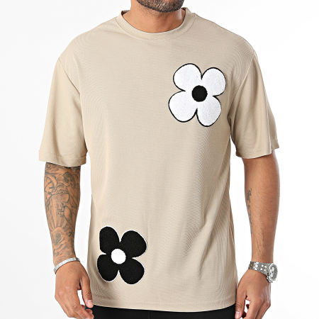 John H - Beige gebloemd T-shirt