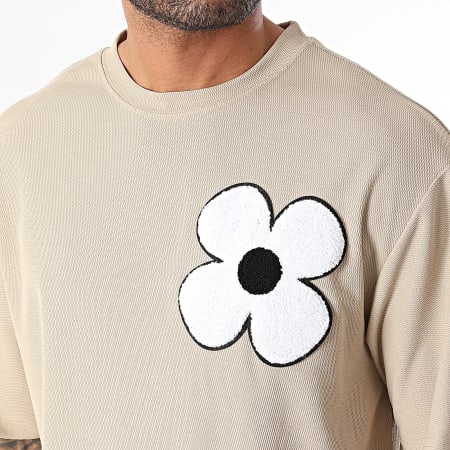 John H - Beige gebloemd T-shirt