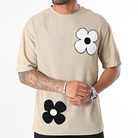 John H - Beige gebloemd T-shirt