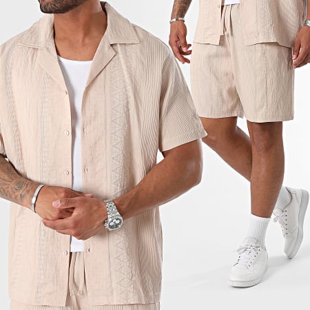 2Y Premium - Conjunto de camisa de manga corta y pantalón corto de jogging beige