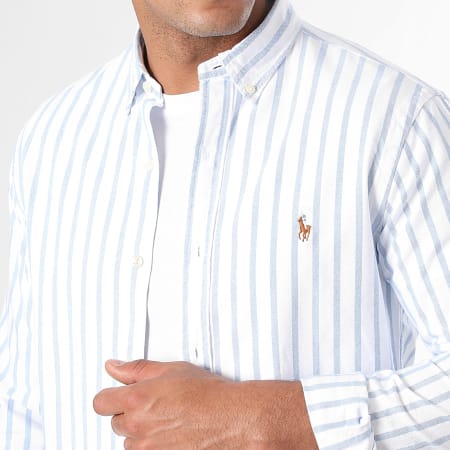 Polo Ralph Lauren - Chemise Manches Longues A Rayures Slim Original Player Blanc Bleu Clair