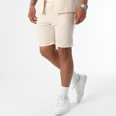 MTX - Conjunto de camisa de manga corta y pantalón corto de rayas beige