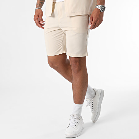 MTX - Ensemble Chemise Manches Courtes Et Short Jogging A Rayures Beige