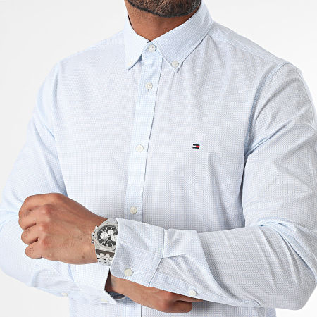 Tommy Hilfiger - Slim Flex Micro Bufanda Camisa Manga Larga 5813 Blanco Azul Claro