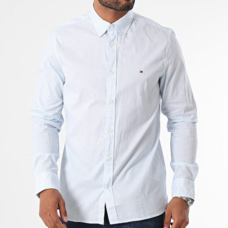 Tommy Hilfiger - Slim Flex Micro Bufanda Camisa Manga Larga 5813 Blanco Azul Claro