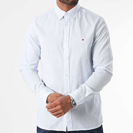 Tommy Hilfiger - Slim Flex Micro Bufanda Camisa Manga Larga 5813 Blanco Azul Claro