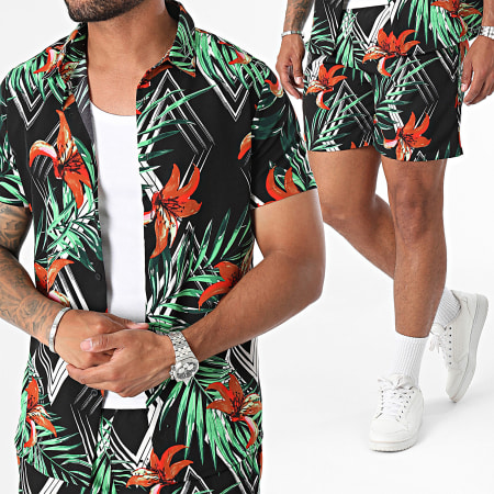 Zayne Paris  - Ensemble Chemise Manches Courtes Et Short Jogging Noir Rouge Vert Floral