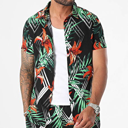 Zayne Paris  - Ensemble Chemise Manches Courtes Et Short Jogging Noir Rouge Vert Floral