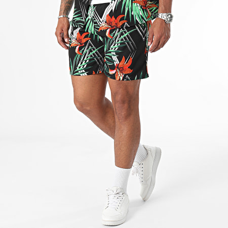 Zayne Paris  - Ensemble Chemise Manches Courtes Et Short Jogging Noir Rouge Vert Floral