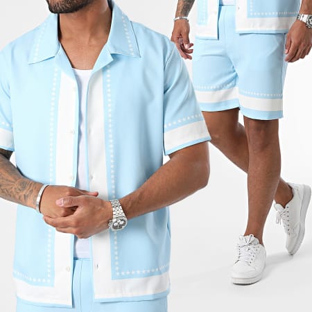 KZR - Ensemble Chemise Manches Courtes Et Short Jogging Bleu Clair Blanc