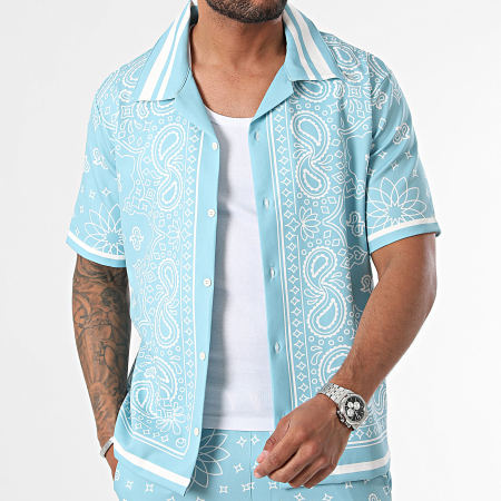 KZR - Ensemble Chemise Manches Courtes Et Short Jogging Bleu Clair Blanc Bandana