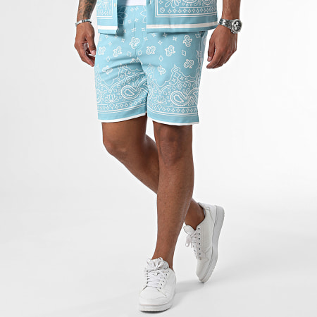 KZR - Set di camicia a maniche corte e pantaloncini da jogging Bandana bianca e blu chiaro