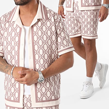 KZR - Conjunto de camisa de manga corta beige marrón y pantalón corto de jogging