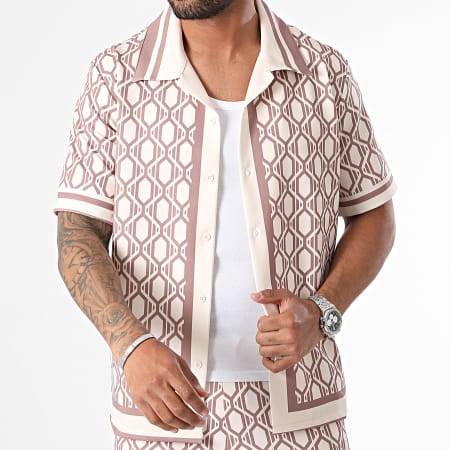 KZR - Conjunto de camisa de manga corta beige marrón y pantalón corto de jogging