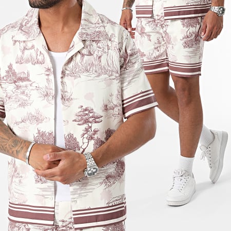 KZR - Conjunto de camisa de manga corta beige marrón y pantalón corto de jogging