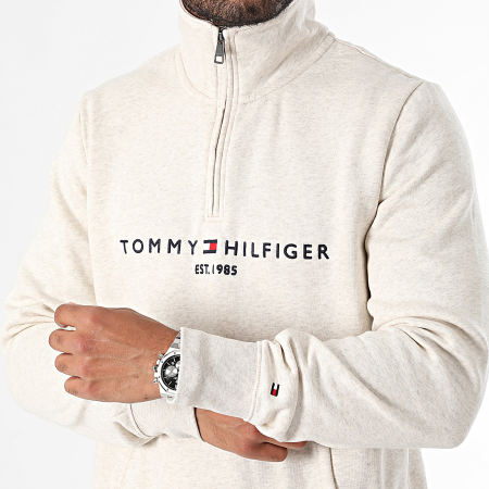 Tommy Hilfiger - Top felpato con logo a collo alto e zip 0954 Beige Chiné