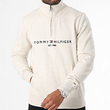 Tommy Hilfiger - Top felpato con logo a collo alto e zip 0954 Beige Chiné