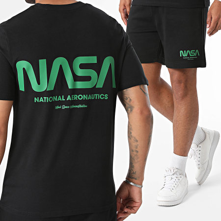 NASA - Ensemble Tee Shirt Et Short Jogging NASA Futuristic Noir Vert Bouteille