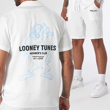 Looney Tunes - Conjunto de camisa de manga corta y pantalón corto de lino azul claro Taz White