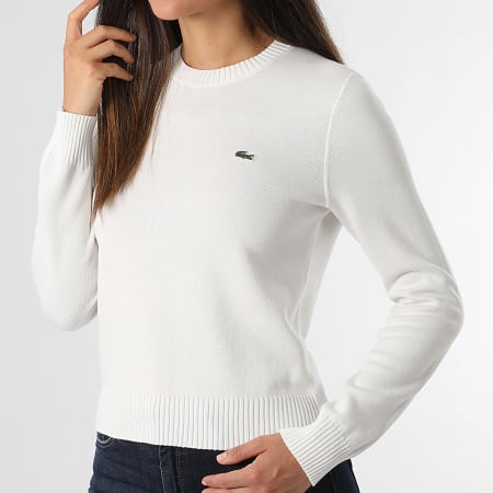 Lacoste - Pull Crewneck Femme Logo Brodé Crocodile Blanc