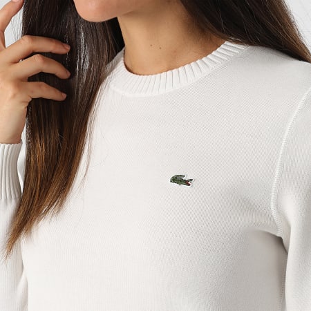 Lacoste - Pull Crewneck Femme Logo Brodé Crocodile Blanc