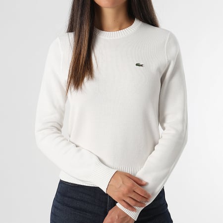 Lacoste - Pull Crewneck Femme Logo Brodé Crocodile Blanc