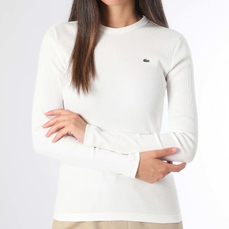 Lacoste - T-shirt a maniche lunghe da donna con logo a costine e coccodrillo ricamato Bianco