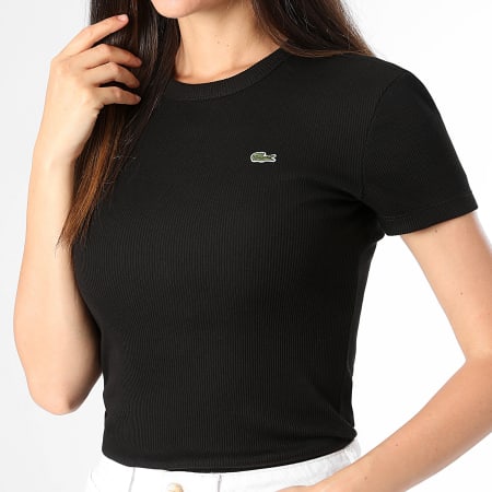 Lacoste - Camiseta Slim Mujer Rib Logo Cocodrilo Bordado Negro