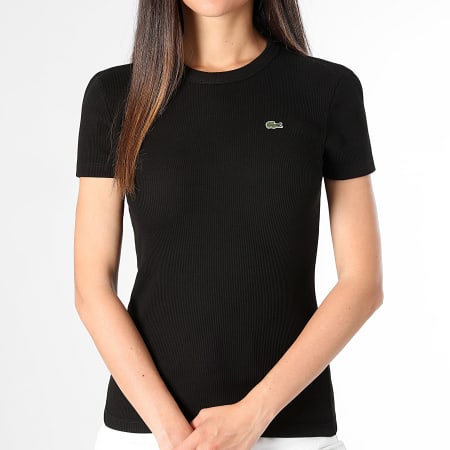 Lacoste - Camiseta Slim Mujer Rib Logo Cocodrilo Bordado Negro
