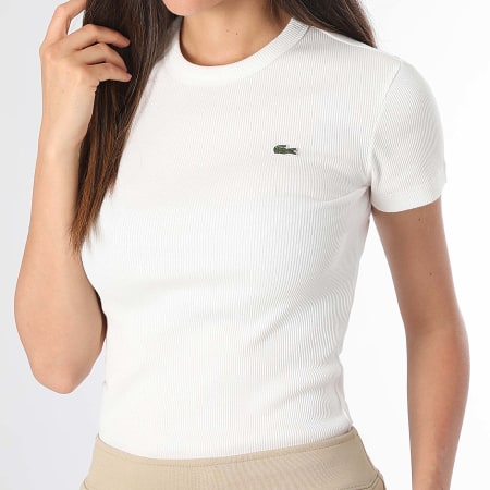 Lacoste - T-shirt bianca slim da donna con logo a costine e coccodrillo ricamato