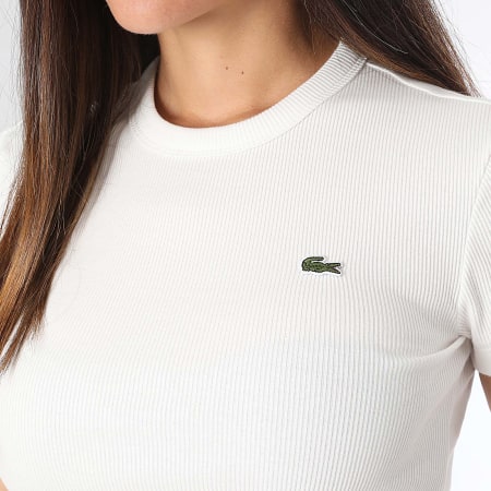 Lacoste - Tee Shirt Femme Rib Logo Brodé Crocodile Slim Blanc