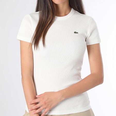 Lacoste - T-shirt bianca slim da donna con logo a costine e coccodrillo ricamato