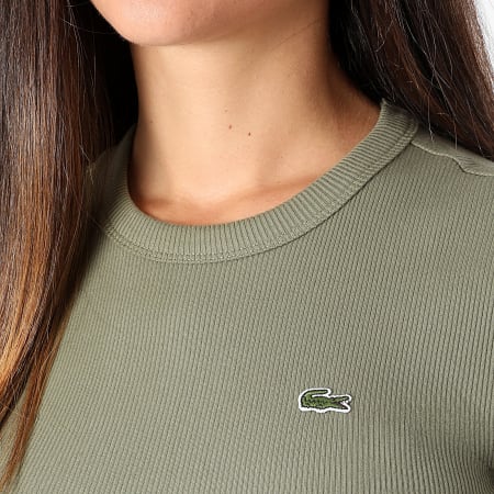 Lacoste - Camiseta Mujer Rib Logo Cocodrilo Bordado Slim Caqui Verde