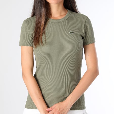 Lacoste - Maglietta da donna a costine con logo ricamato e coccodrillo Slim Khaki verde