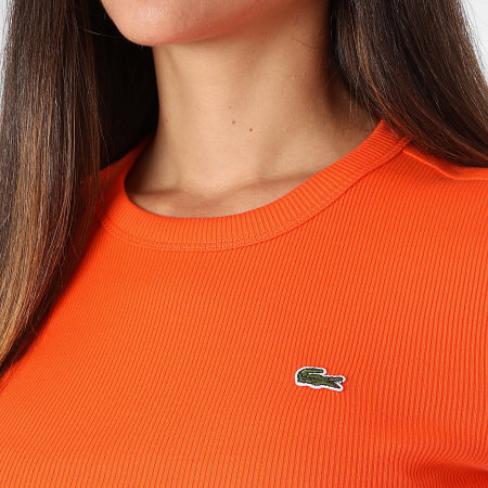 Lacoste - Tee Shirt Femme Rib Logo Brodé Crocodile Slim Orange