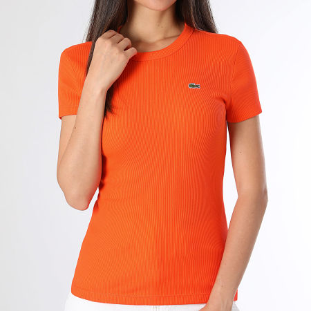 Lacoste - T-shirt arancione slim da donna con logo a costine e coccodrillo ricamato