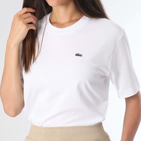 Lacoste - Tee Shirt Femme Logo Brodé Crocodile Relaxed Fit Blanc