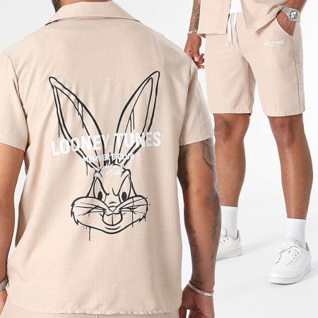Looney Tunes - Set estivo di camicia e pantaloncini in lino a maniche corte Bugs Bunny Beige Nero